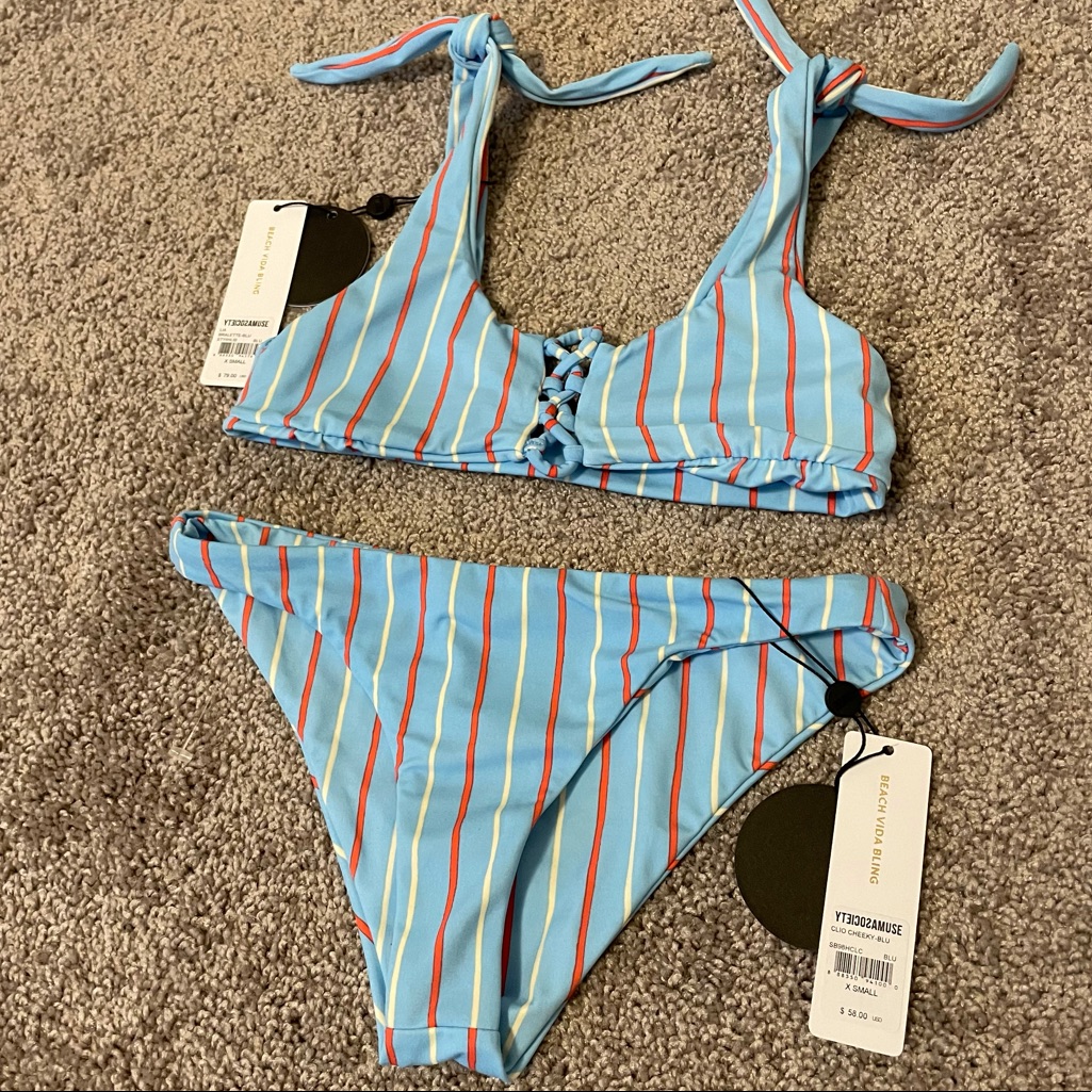 Nwt Cheeky Striped Bikini Set